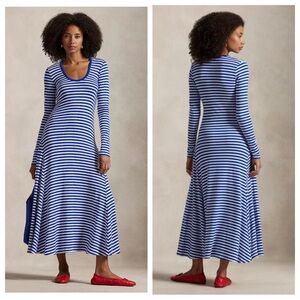 Polo Ralph Lauren Blue White Striped Midi Dress Long Sleeve Stretch Size Small